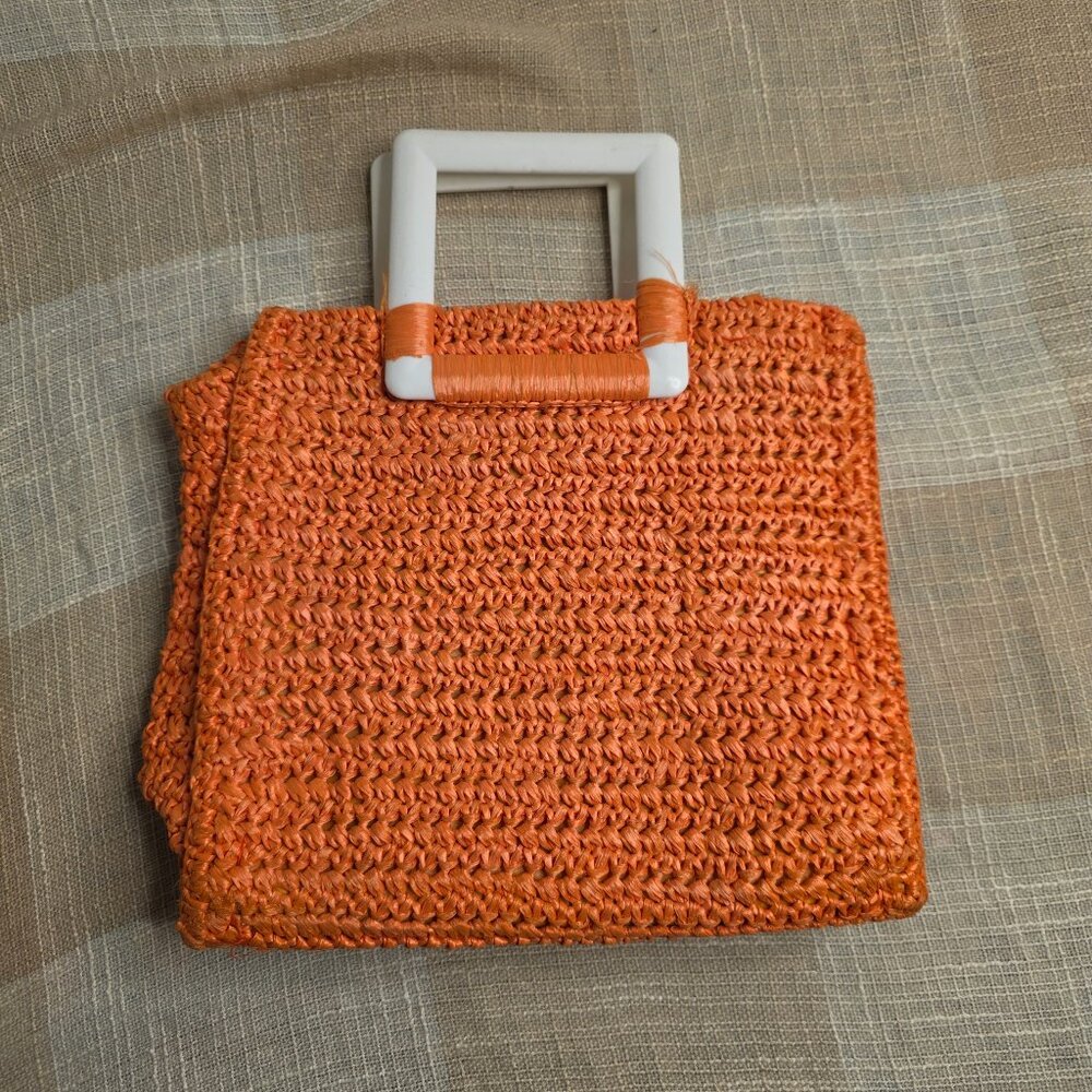 True Vintage Boho Coastal Beachy Resortwear Japanese Orange Woven Rattan Handbag